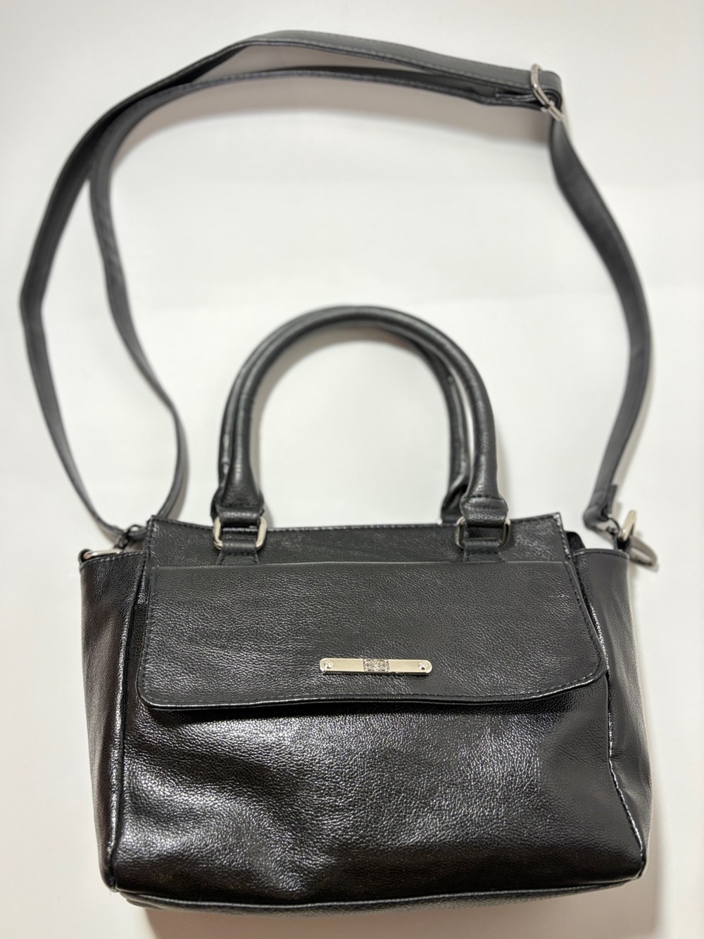 Black Faux Leather Structured Satchel Bag with Crossbody Strap